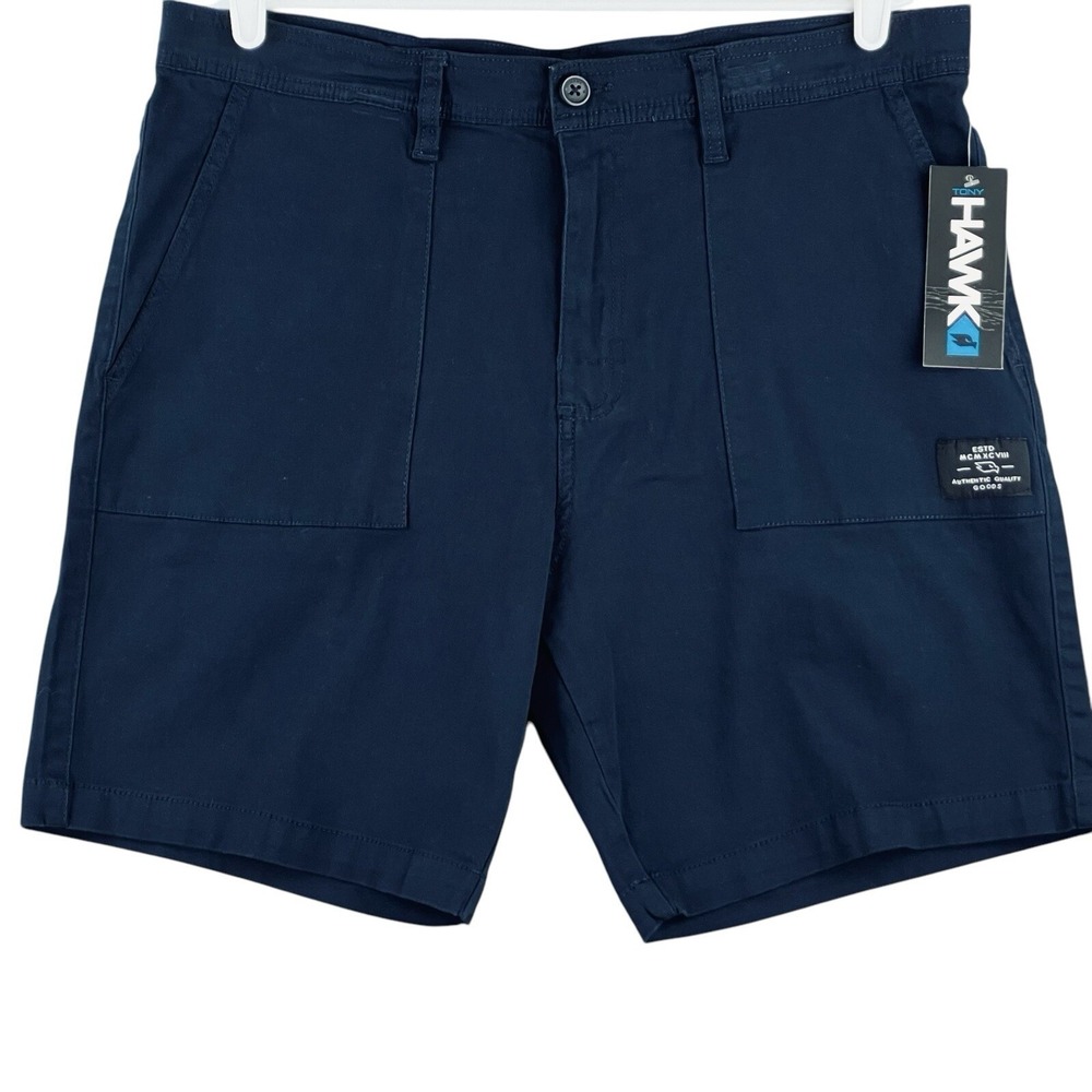 Tony Hawk Men's Twill Fixed Navy Stretch Cargo Chino Shorts Size 36 Casual NWT